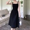 Fashion waist fold design suspender dress women's early spring Korean version fashion solid color high-end medium and long skirt