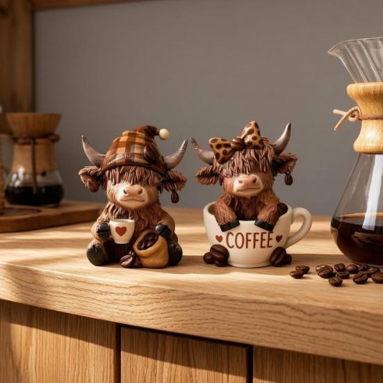 Handgefertigte Harz-Kaffeehaus-Dekoration 2 Stück Kuhfigur, Niedliche Tierstatue für Zuhause Schreibtisch Eingang Schrank Dekorative Figur Dekor, Café-Stil