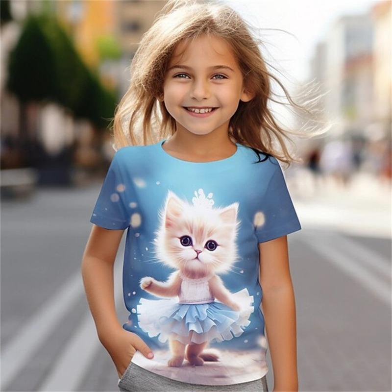 Katze Kid T-Shirt für Kinder Tops Kurzarm Pferd Sommer Kawaii Fashion Tee Mädchen Kleidung von 8 bis 14 Jahre alt Kind T-Shirt