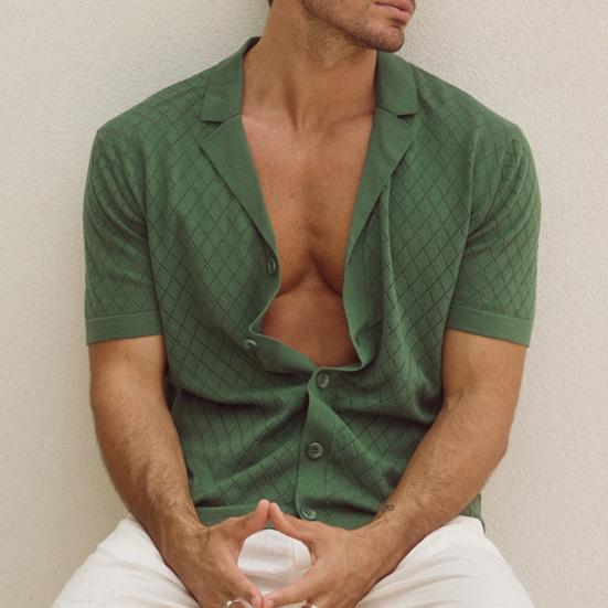 Herren-Jacquard-Strickhemd, kurzärmelig, Button-Down-Oberteil mit kubanischem Kragen, Rautengittermuster, Freizeithemd für den Alltag, Partys, Reisen