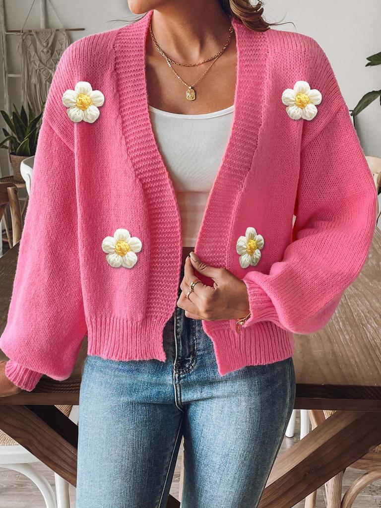 Damen Grobstrick Offene Vorderseite Cardigan mit 3D Blumen Applikationen Langarm Lässig Locker Sitzender Pullover
