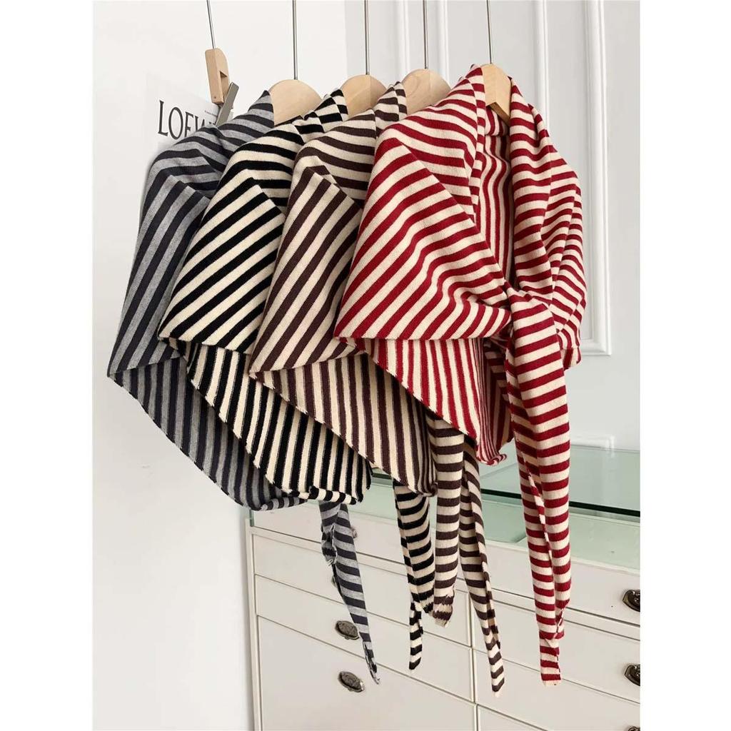 2025 Wool Blend Striped Triangle Shawl Women's Warm Thick Knitted Outerwear