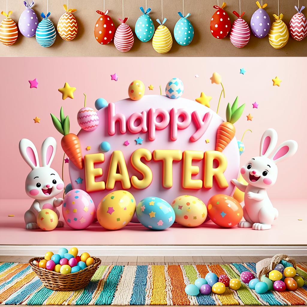 Happy Easter Banner Bunny Ears With Colorful Eggs Butterflies Backdrop Decorations Spring Celebration Background Party Supplies