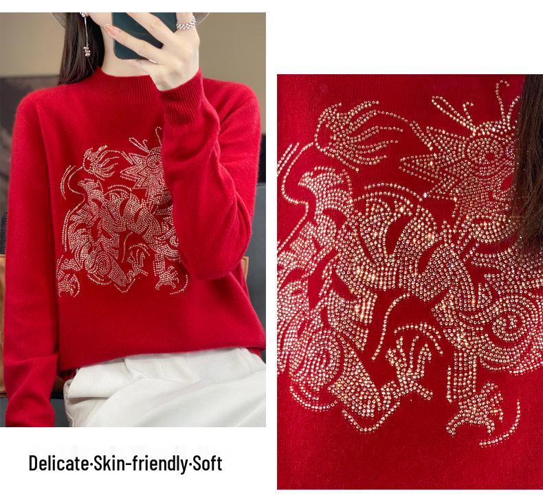 2024 Women's Zodiac Red Wool Sweater - Long Sleeve, Round Neck, Half High Neck