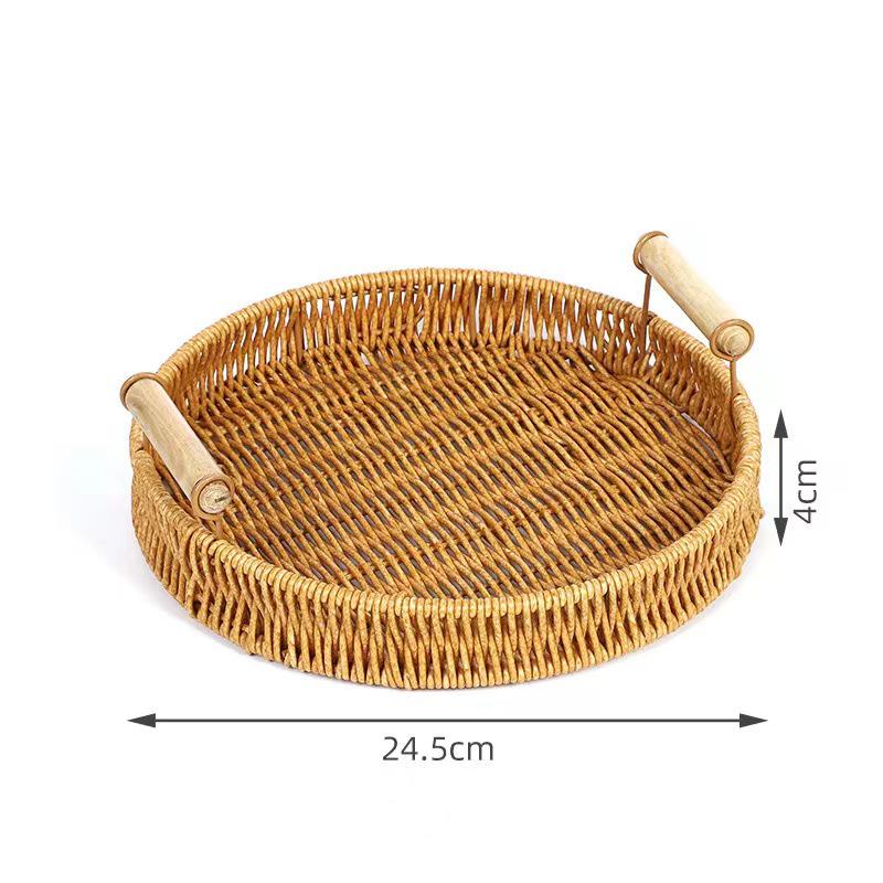 Handmade Woven Rattan Fruit Plate - Japanese Bread & Steamed Bun Basket with Double Ear Handles for Living Room Storage