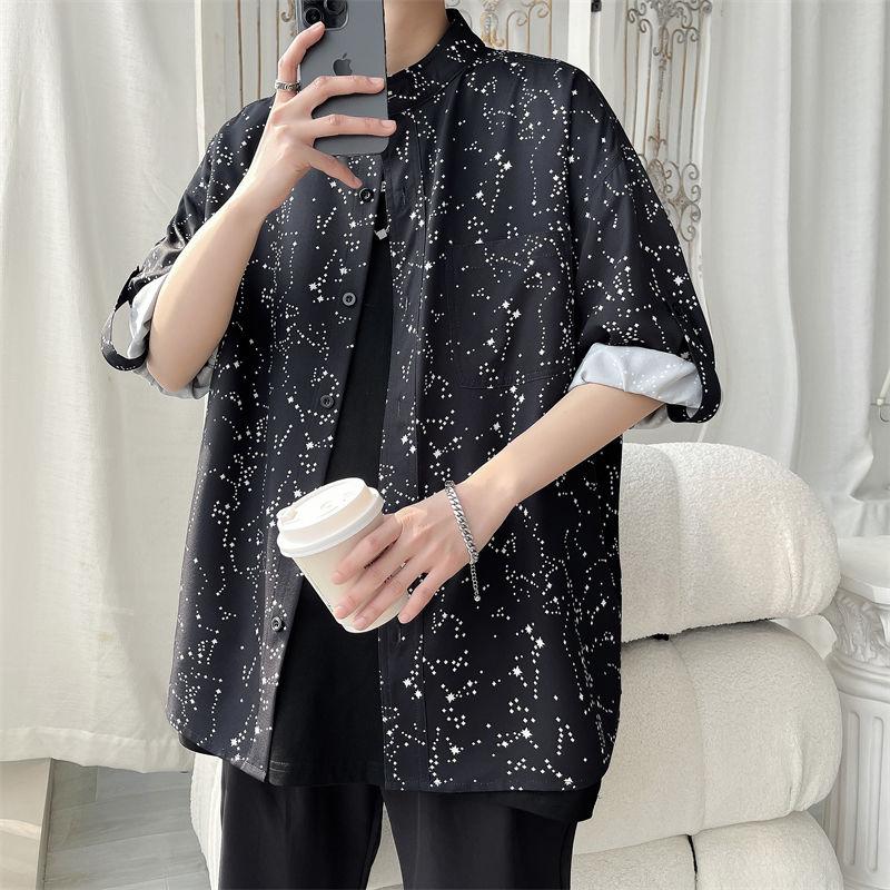 Ice Silk 7-quarter Sleeve Stand-up Collar Shirt Men Personality Fashionable Printed Loose Cardigan