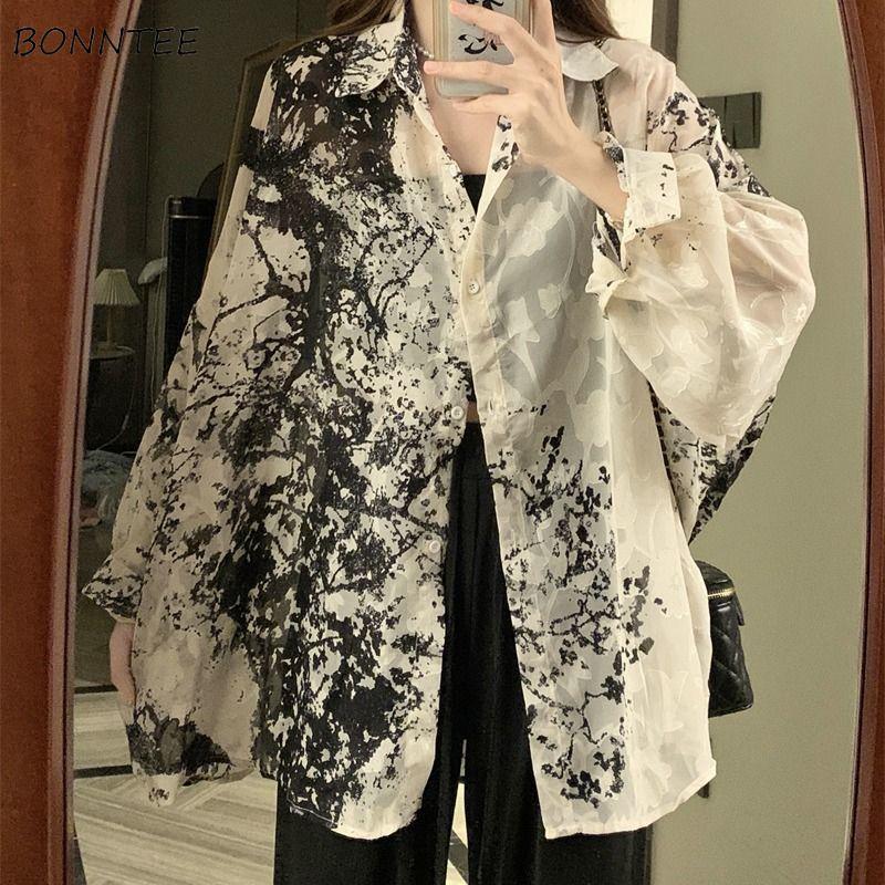 Summer Women's Long Sleeve Shirts Loose Tie Dye Gothic Streetwear All-match Casual Tops Students Blouses Vintage Spring