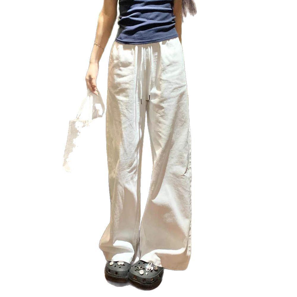 Women's White Wide-Leg Pants - Spring/Autumn 2025, Loose Cotton-Linen Denim, Floor-Length Casual Style