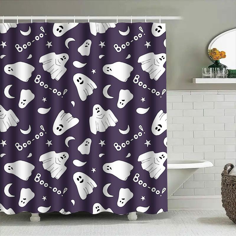 

1Pccute Halloween Ghost Printed Bathroom Curtain Dark Blue With Stars & Spooky Ghosts Decoration W60H190(CM)-1 Pcs