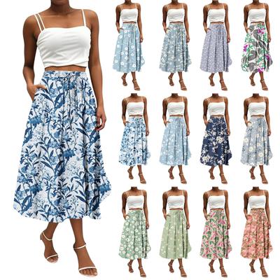 Saia Feminina Saia Bohemia Floral Cor Sólida Casual Temperamento Com Bolsos Saia