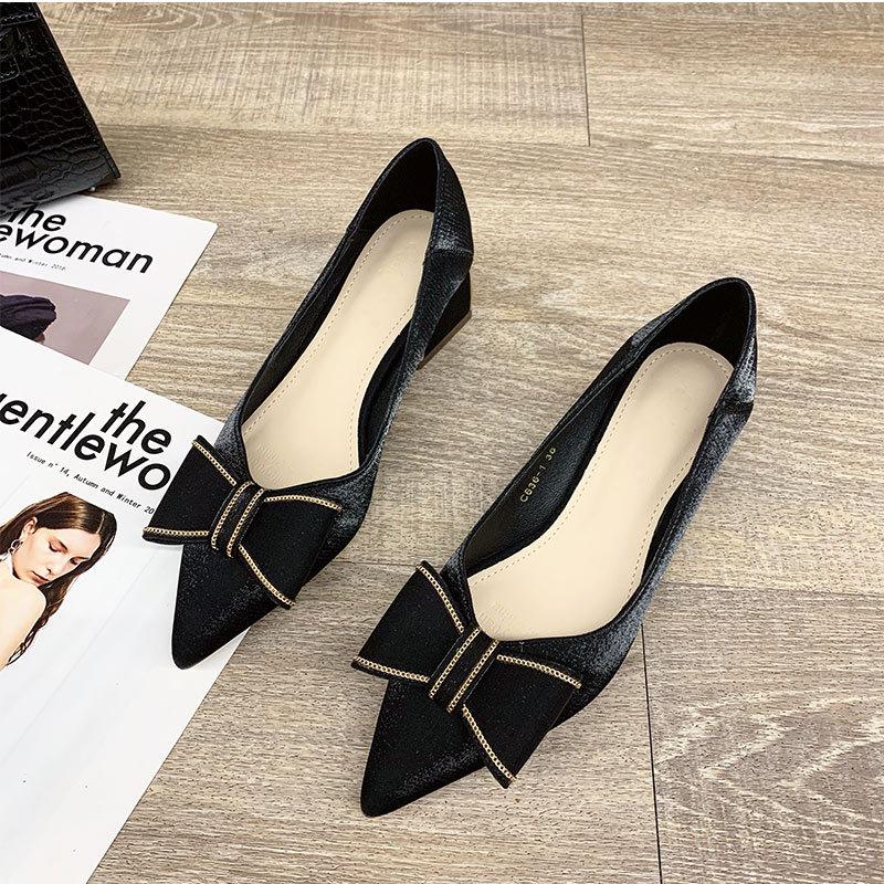 Single shoes women's thick heel mid-heel spring new women's shoes pointed head shallow mouth four-season shoes women's versatile bow high heels