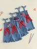Toddler Girl Red White Blue Stars and Stripes Sleeveless Romper with Bow Tie Shoulder and Ruffled Shorts Patriotic Jumpsuit for