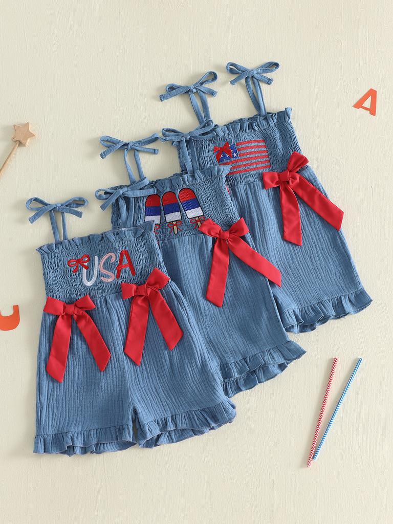 Toddler Girl Red White Blue Stars and Stripes Sleeveless Romper with Bow Tie Shoulder and Ruffled Shorts Patriotic Jumpsuit for