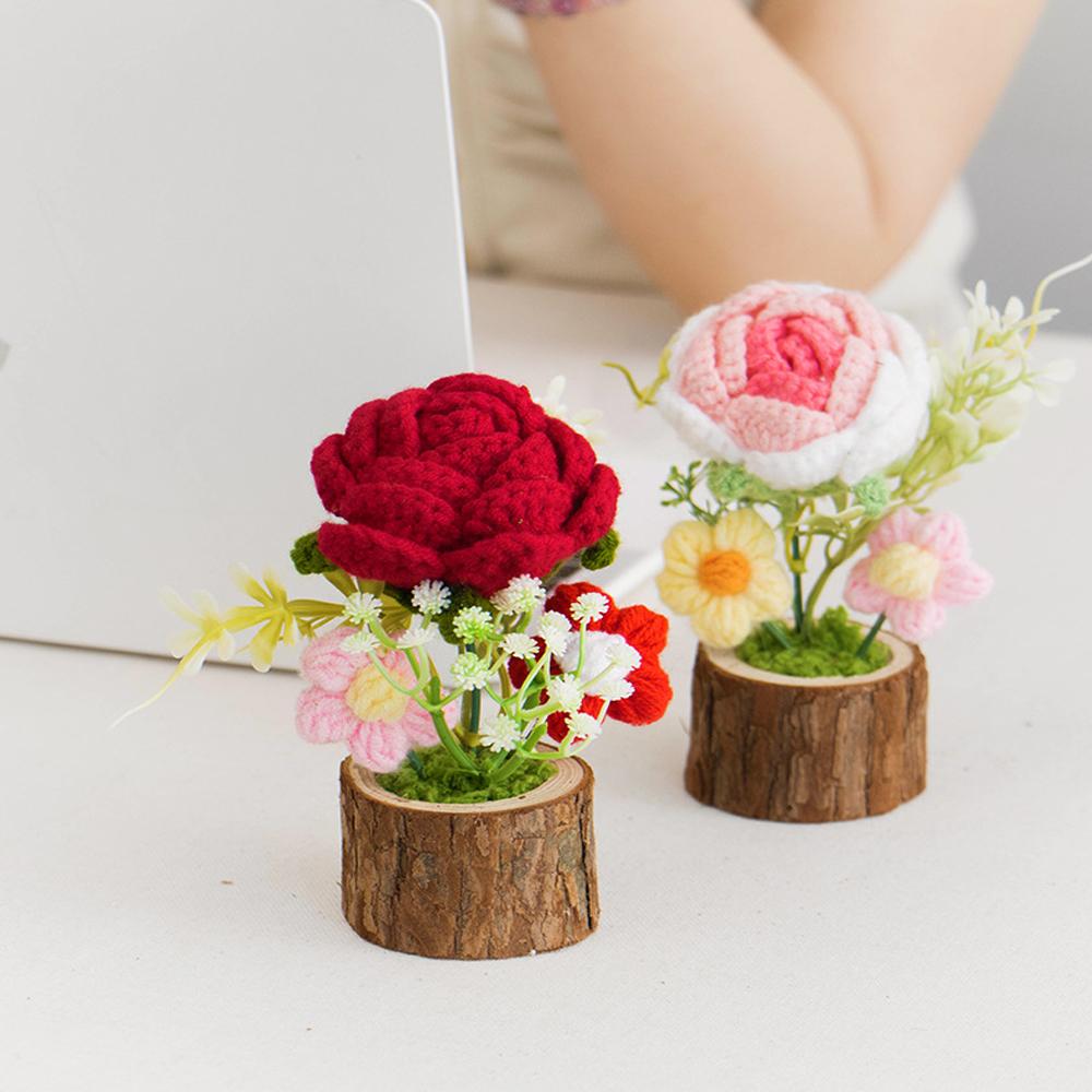 Hand-woven Crochet Flowers Potted Artificial Flower Table Decor Wedding Gift Photography Props Kintted Plant