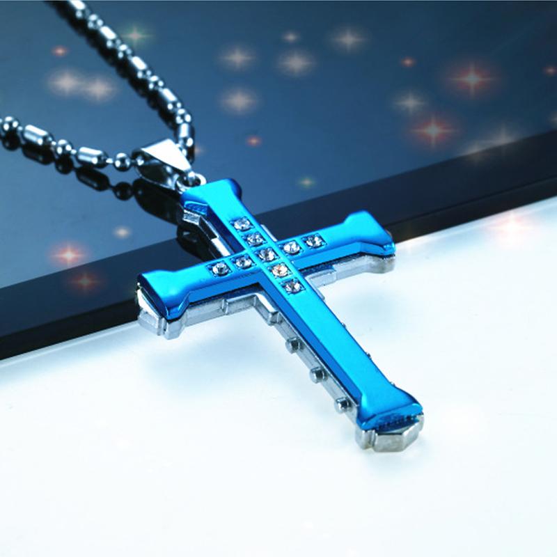 SUMENG 2025 New Male Crystal Cross Jesus Pendant Gold/Black/Blue Color Zirconia Necklace Stainless Steel Jewelry