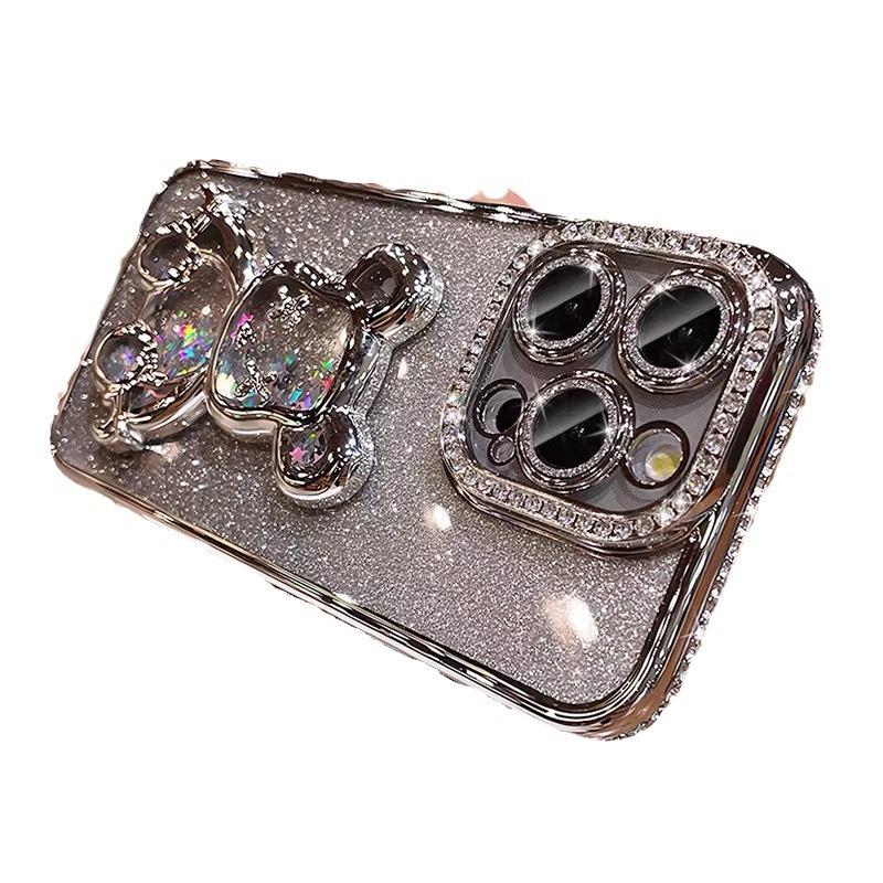 Quicksand Violent Bear Applies To Apple 17 Mobile Phone Case Electroplated Rhinestone iPhone16promax Lens Flash Drill Soft Case