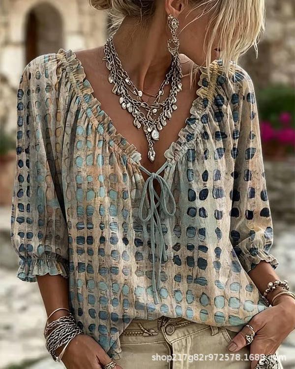 Summer V-neck T-shirt printed streamer loose casual fashion top seven-quarter sleeve summer short sleeve top