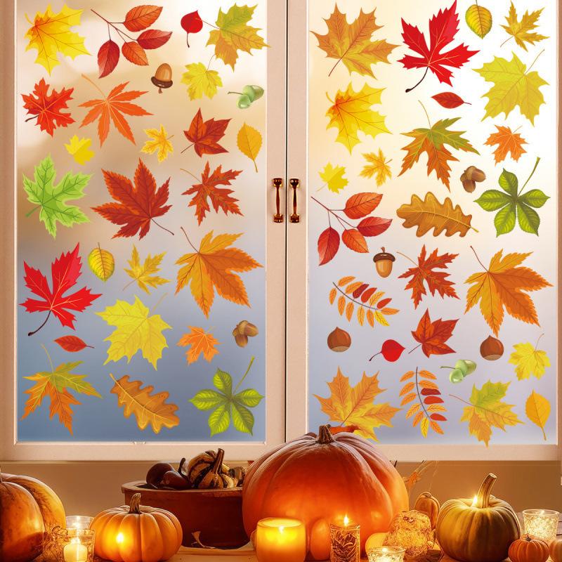 Autumn Deciduous Maple Leaf Window Stickers Thanksgiving Stickers Autumn Party Home Decoration Glass Doors And Windows Stickers Self-Adhesive
