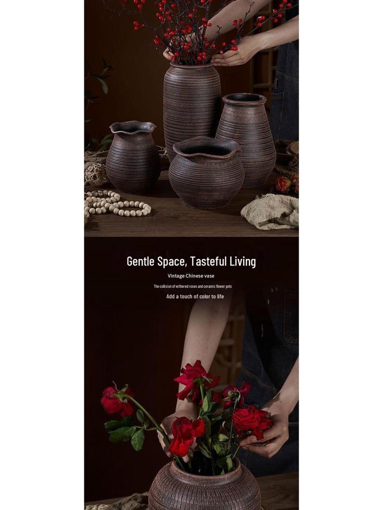 Zen-Style Rustic Pottery Vase for Dried Flowers and Succulents: New Chinese Retro Design