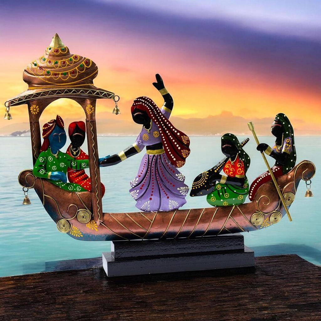 Ethnic Tribal Boat with Dancing Musicians Showpiece - 15x18 Inch Home Décor with Wooden Base - Gift for Housewarming, Festivals, Weddings