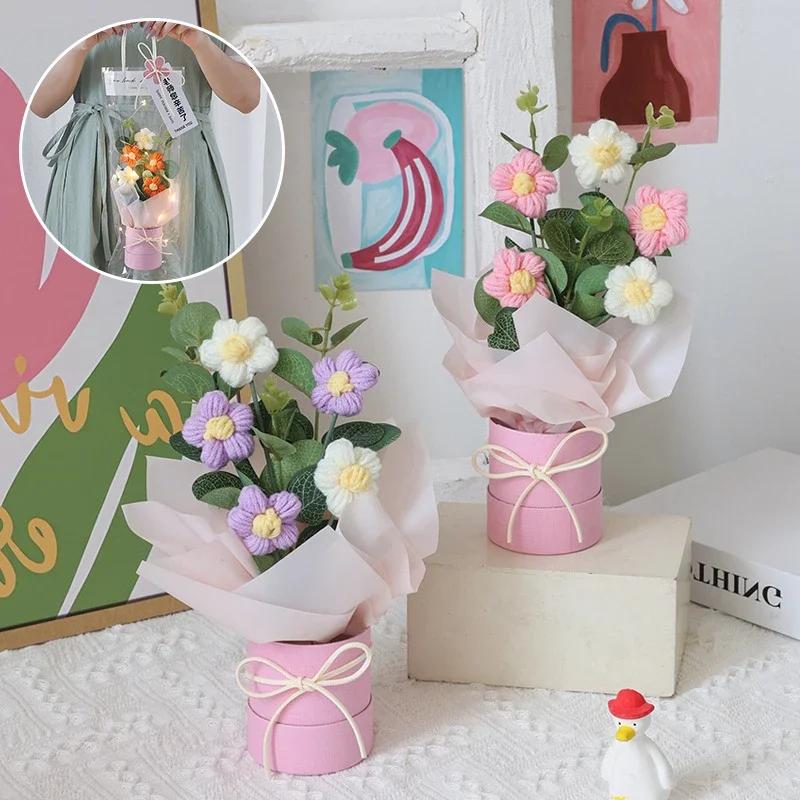 Crochet Flower Bouquet Teacher's Day Gifts with LED Light String Hand Knitted Flowers Graduation Artificial Flowers Decor