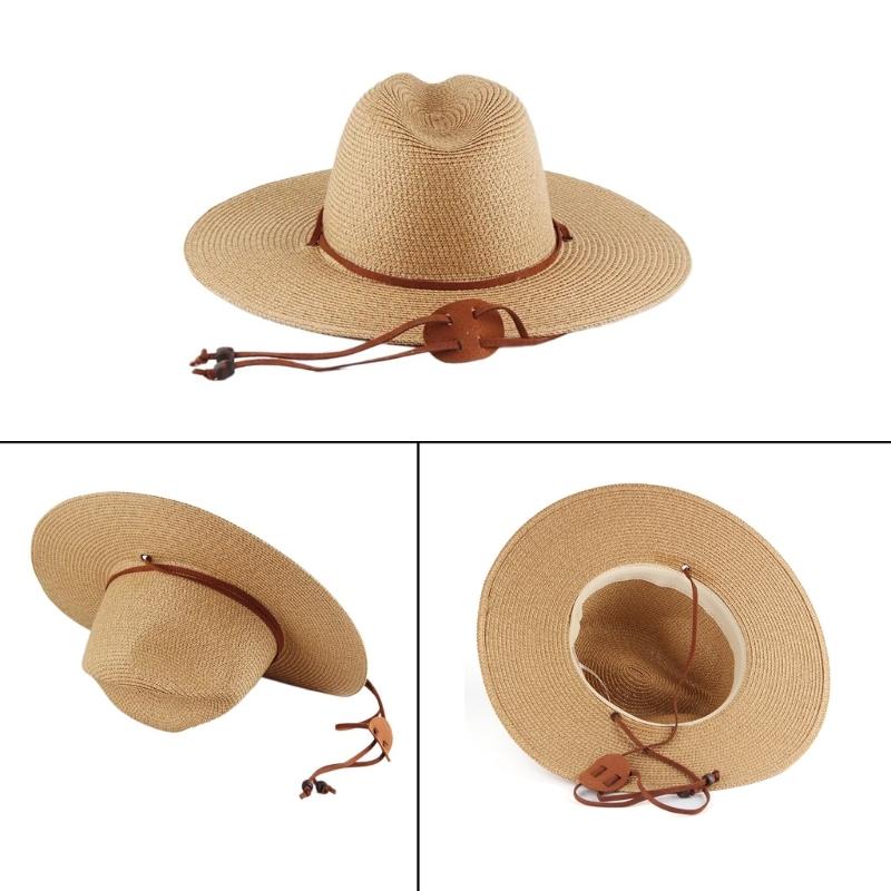 Handmade Weaving Straw Hat for Adult Unisex Beach Hat Holiday Camping Beach Getaways Sun Hat with Adjustable Chin Rope