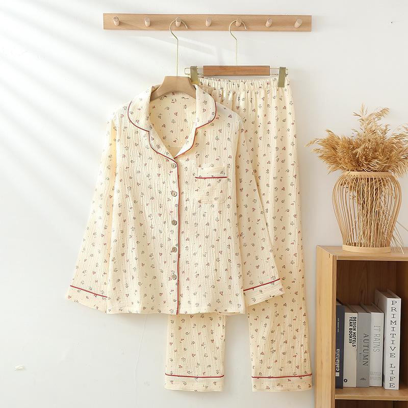 Women's Floral Double-Layer Cotton Gauze Pajama Set - Long Sleeve, Spring/Autumn