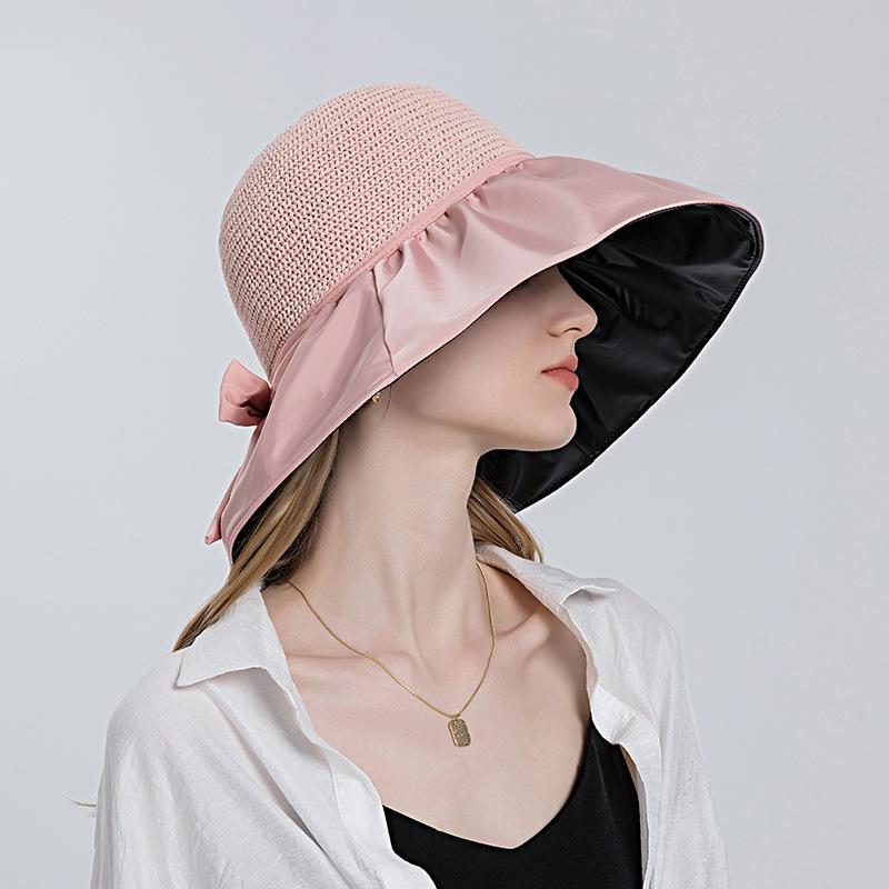 Fashion Straw Sun Hats For Women Bow Bucket Hat Summer UV Protection Beach Caps Female Outdoor Wide Brim Hiking Cap
