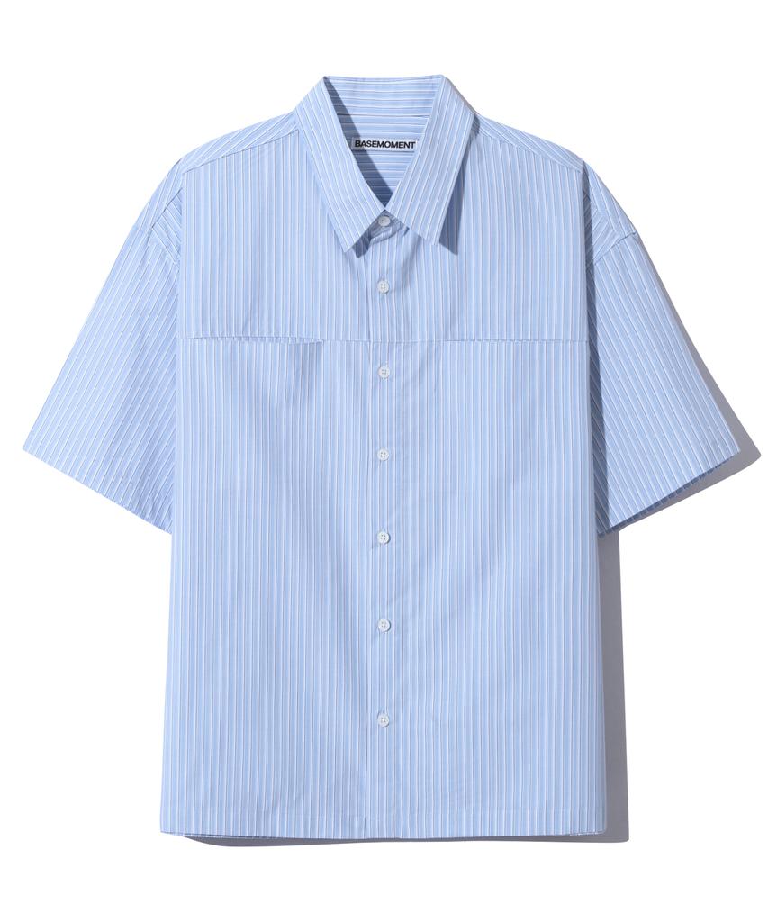 BASEMOMENT Hidden Pocket Striped Crop Half Shirt Sky Blue