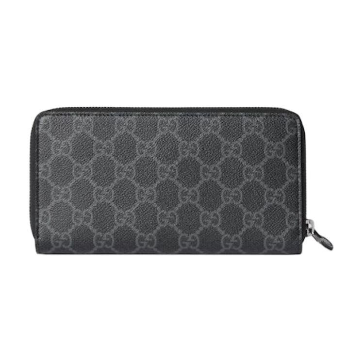 Gucci GG Supreme Canvas Zip Around Wallet, Black Grey Monogram, Men Long Wallet for Daily Use 821207-FAD6M-1000