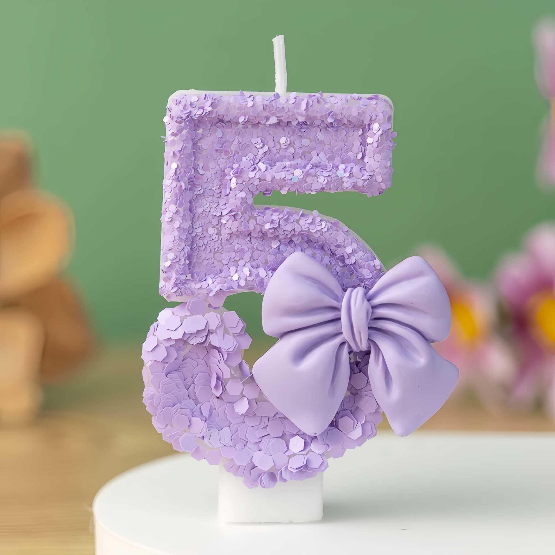 Purple Sequin Bow Birthday Candle Decoration