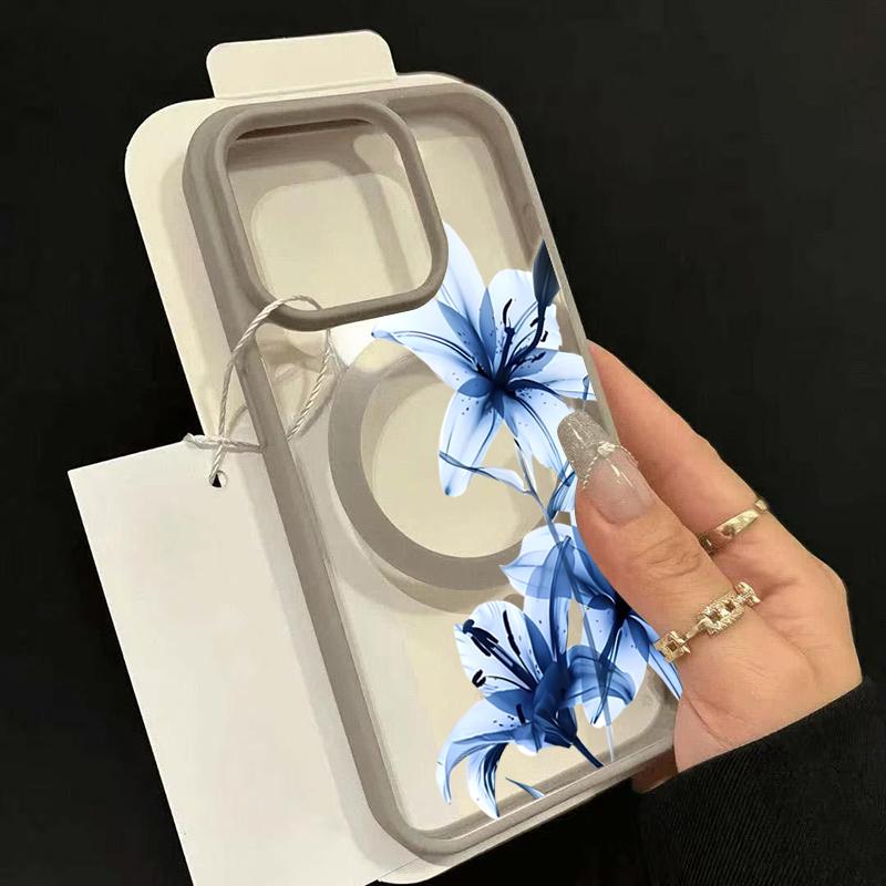 Blue Lily Whisper Transparent Magnetic Phone Case for Samsung Galaxy S25 S24 S23 S22 Ultra Plus S26 FE for Wireless Charge Cover