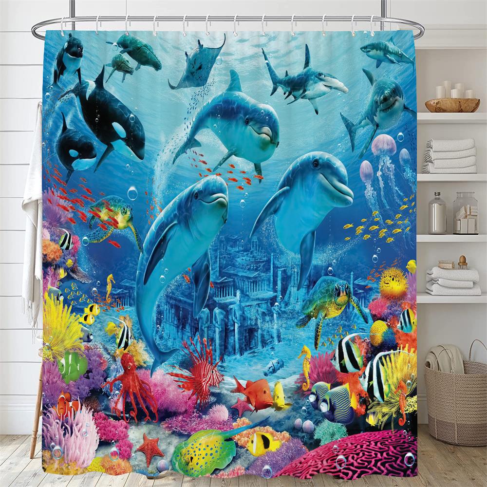 1PC Dolphin Shower Curtain Blue Ocean Biological Polyester Fabric Children's Ocean Theme Bathroom Decoration Shower Curtains