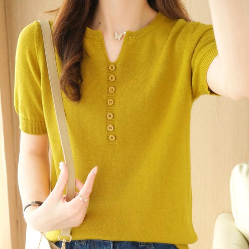 IHUASU Women's Summer Thin New Solid Colour Line Short Sleeve Knitted T-Shirt V-Neck Pullover Loose Half Sleeve Vest Top Cotton Line T-shirt