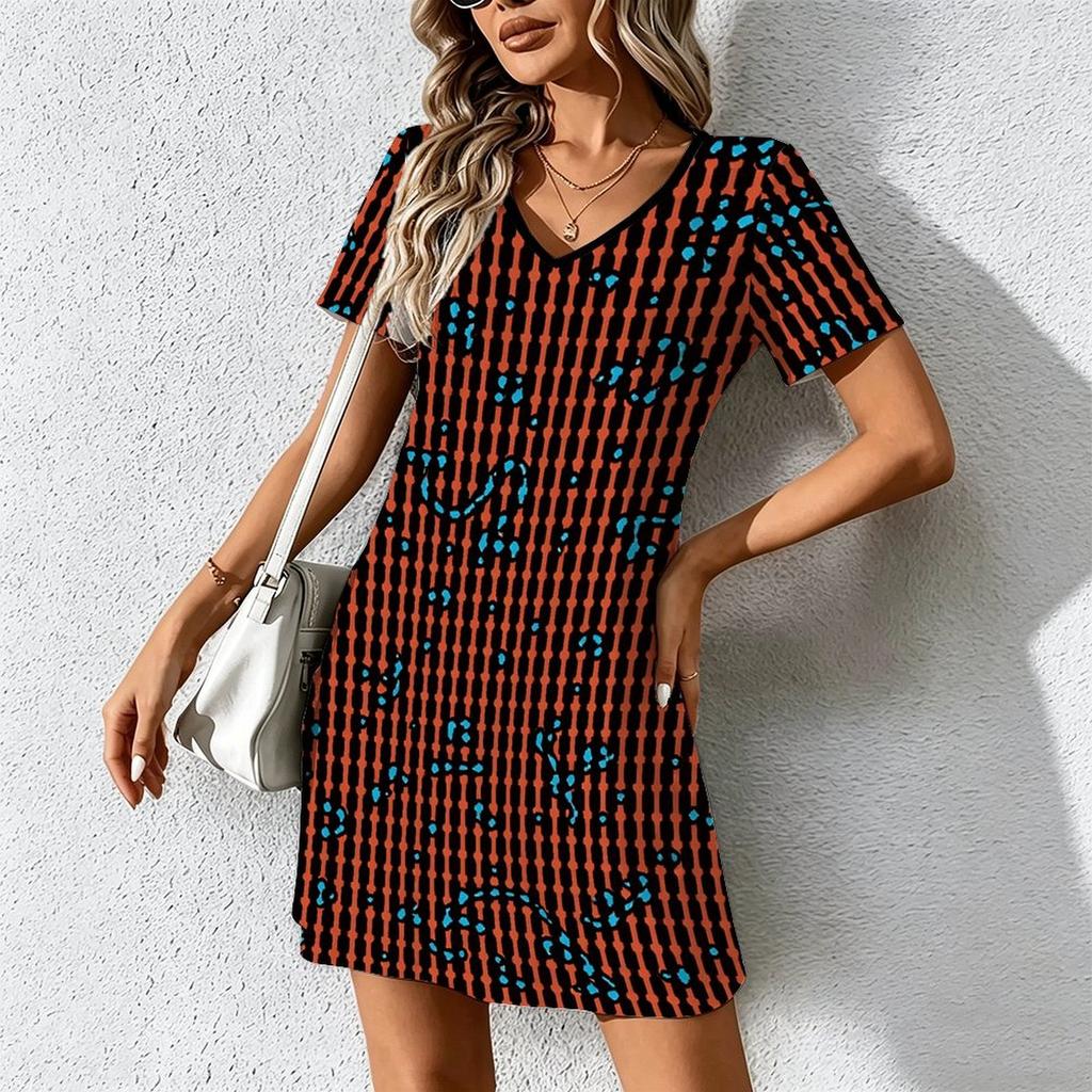 Summer Fashion Women's V Neck Short Sleeve Retro Geometric Pattern Printed Dress Sex Short Skirt Dresses