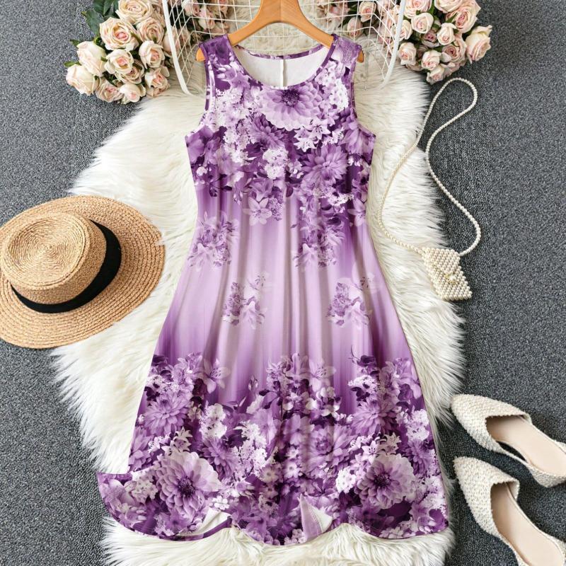 Women's Summer Sleeveless Mid Dress Crew Neck Sleeveless Printed Beach Dress
