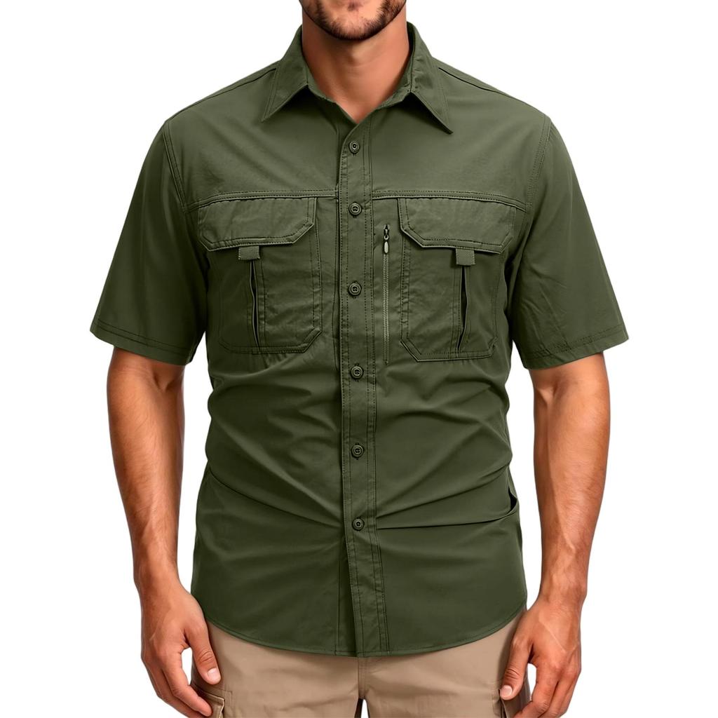 Men's Vintage Work Shirt Short Sleeve Casual Loose Fit Button Down Shirt with Chest Pockets Lightweight Breathable Fabric for Outdoor Activities