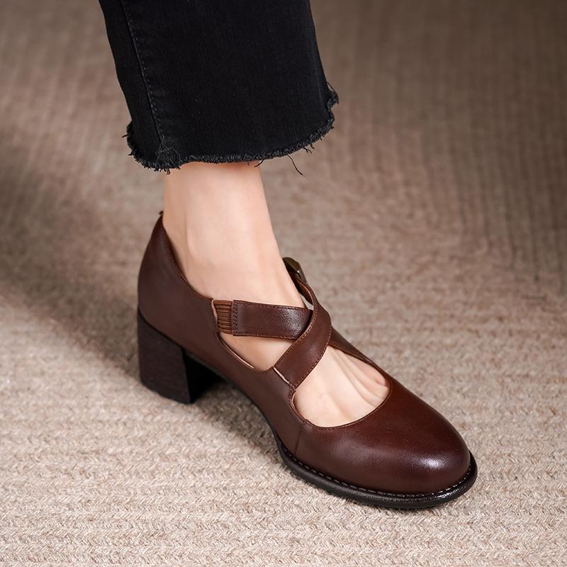 Fashion Fashion Round Toe High Heels 2025 Spring Summer Pumps Genuine Leather Buckles Mary Jane Party Wedding Shoes Woman Women Heels