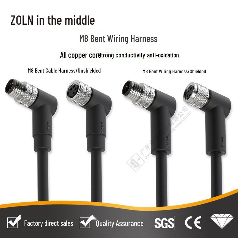 

M8 Shielded Bent Single-Head Wire Harness Connector, 8mm Solderless Screw Sensor, Available in 3/4/6/8 Pins Bent Pin 3-Pin 1m