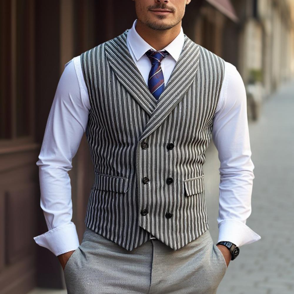 2025 Men's Slim Fit Striped Double-Breasted Retro Suit Vest - European Size