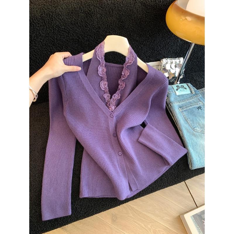 Autumn and winter new slim-fit lace splicing fake two-piece neck-hanging and thin versatile knitted sweater