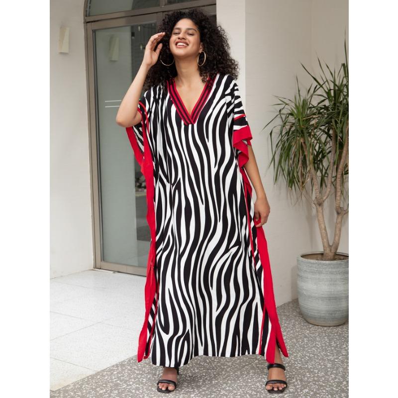 Women's Fashion Summer Spring Solid Color Print 1/2 Sleeves V-Neck Loose Waistline Casual Dresses