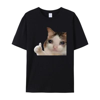 Sad Cat Pattern Men's Printed T-Shirt Summer Vintage Kawaii Men's and Women's Surfing Beach T-Shirt Unisex Breathable Casual Top