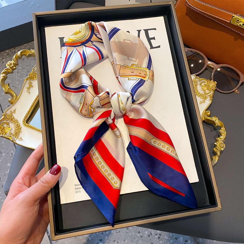 Silk Scarf Women'S Decoration High-End Small Square Scarf Versatile Trend Imitation Silk Scarf Tied Bag Streamer Thin Scarf