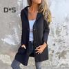 Fall Winter Women Coat Hooded Button-down Solid Color Thick Pockets Loose Cardigan Mid Length Outdoor Travel Shopping Dating Overcoat