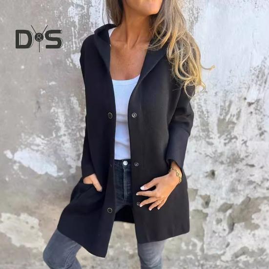 Fall Winter Women Coat Hooded Button-down Solid Color Thick Pockets Loose Cardigan Mid Length Outdoor Travel Shopping Dating Overcoat