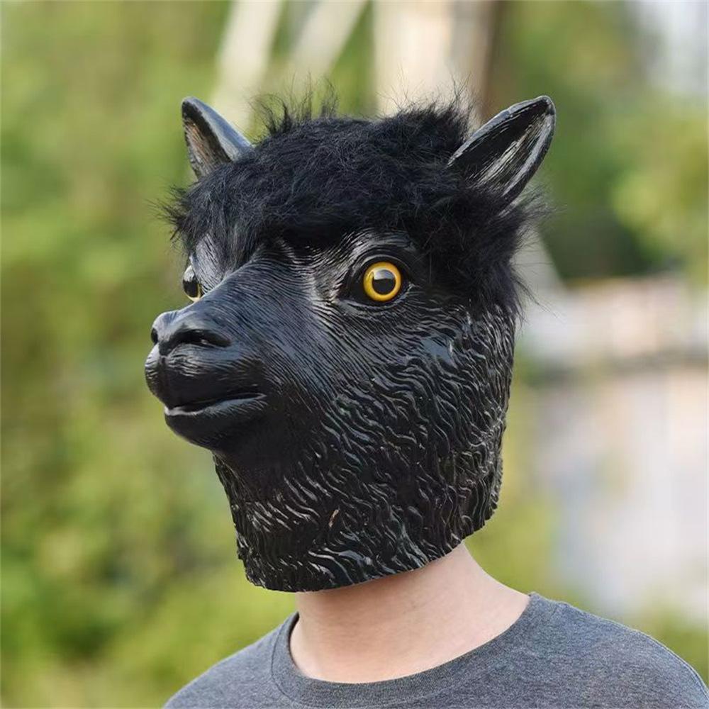 Alpaca Mask Latex Sheep Head Cover Halloween Masquerade Funny Black Goat Mask Sheep Head Dress Up Cos