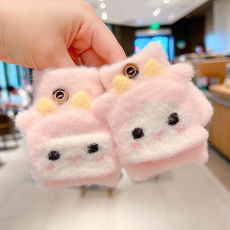 Autumn and winter cartoon fruit children's flip gloves open fingers outdoor cold-proof boys and girls baby children half-finger warm gloves
