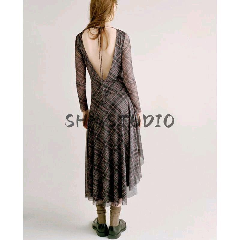 Spring New Women's Clothing American Retro Gingham Ruched Silk Net round-Neck Long-Sleeved Dress 5039284