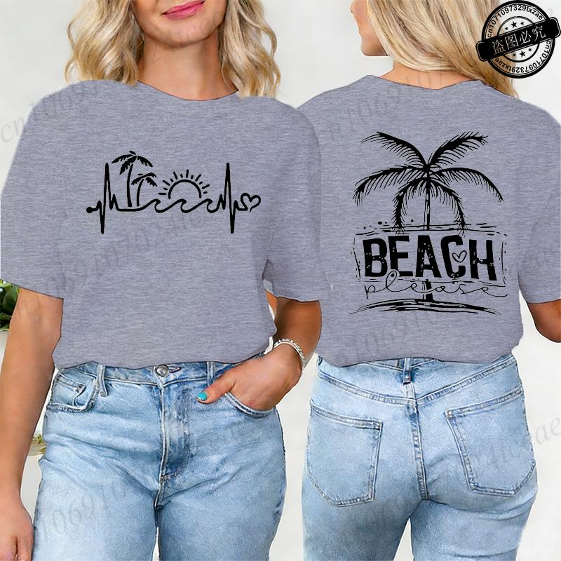 Summer Beach The Beach Is My Happy Place Graphic T Shirts Women Casual Short Sleeve O Neck Loose Fit Ladies Vacation Tee Tops